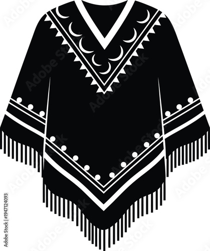 Black poncho with white designs and fringe isolated on transparent background