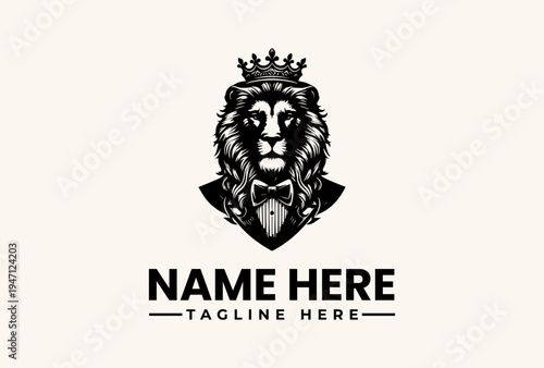 A black and white illustration of a lion's head wearing a crown and bow tie, with a suit jacket, against a plain beige background, featuring placeholder text for a logo or icon.