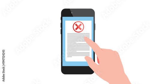 Human hand touching a smartphone screen displaying a rejected document with a prominent red cross cancellation icon.