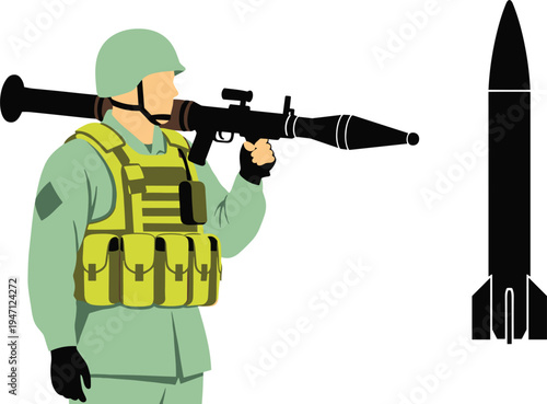 Soldier Holding Rocket Propelled Grenade Launcher RPG with Missile Vector Illustration Military Anti Tank Weapon System and Army Combat Equipment Design
