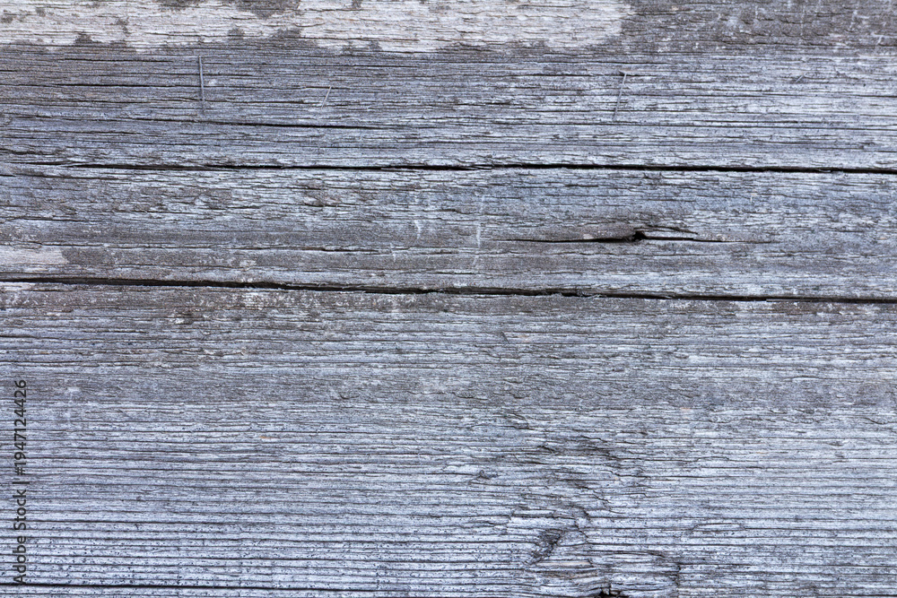 Fototapeta premium Close-up texture of weathered gray wooden board with faded spots and natural wood grain. Rustic wooden background useful for design, texture, or backdrop.
