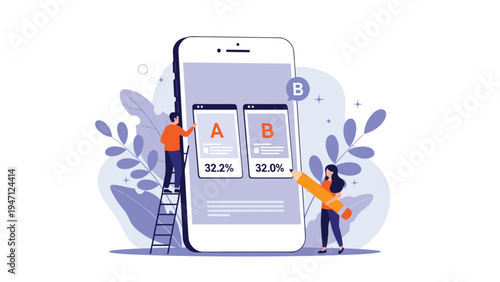 Mobile app developers conducting a b testing by comparing two different user interface designs on a giant smartphone.