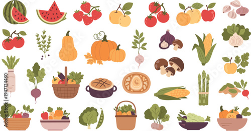 Fresh fruits and vegetables collection with pumpkin tomato corn mushrooms and leafy greens vector illustration set