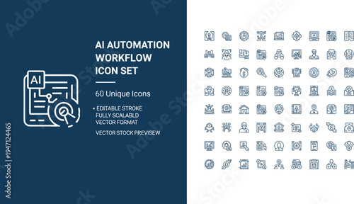 Artificial Intelligence Automation Workflow Line Icon Collection Featuring Machine Learning Data Processing Technology and Digital System Integration