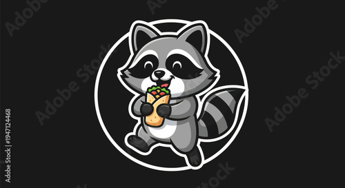 Cartoon raccoon eating food on black background