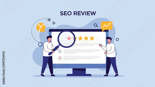 Two specialists performing an seo review on a computer monitor using a large magnifying glass to inspect search rankings.