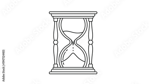 Classic hourglass with sand flowing through a glass vessel is depicted as a detailed line drawing for time management concepts.