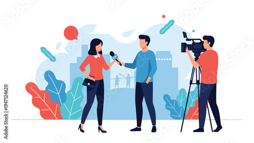 News reporting scene with a female reporter interviewing a man while a professional cameraman films the live event.