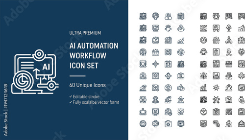 Artificial Intelligence Automation Workflow Line Icon Set for Data Processing Technology Systems Interface Applications and Digital Innovation