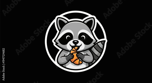 Cartoon raccoon holding food on black background