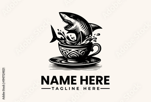Black and white illustration of a shark jumping out of a teacup with a saucer on a plain background, with space for a logo and tagline.