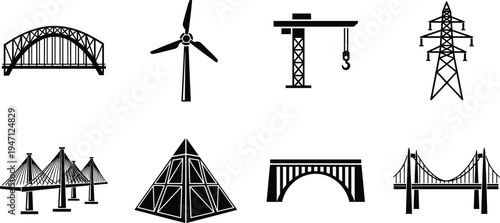 Heavy machinery silhouette icon set featuring telehandler forklift loading pallets industrial mobile crane lifting cargo and warehouse logistics equipment for construction industry.