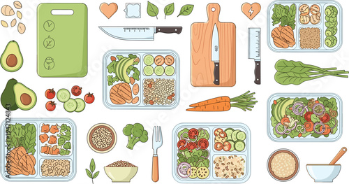 Healthy meal prep collection with vegetables salad containers cutting board knife and kitchen tools nutrition vector illustration set