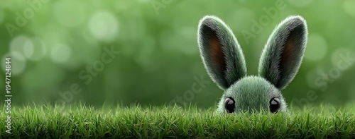 Adorable fluffy green easter bunny peeking out of lush vibrant grass in a whimsical outdoor setting with soft natural light and bokeh background
