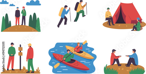 Illustration of people engaging in outdoor adventure activities showcasing active lifestyle hiking camping climbing and recreational fun in nature