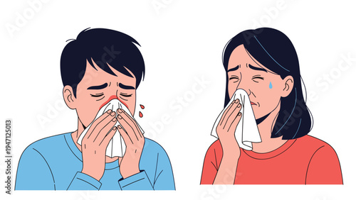 Man and woman suffering from common cold symptoms sneezing into tissues representing seasonal illness and healthcare.