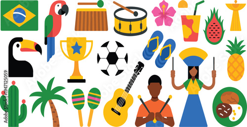 Travel to Brazil sticker set featuring culture, landmarks, nature, carnival, soccer, tropical paradise, animals, beach, and festive celebration in cartoon style