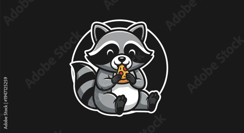 Cartoon raccoon enjoying pizza on black