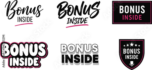 Bonus Inside typography set, bold text badge, creative promotional graphics, stylish branding elements, modern marketing visuals, social media design, flat vector illustration