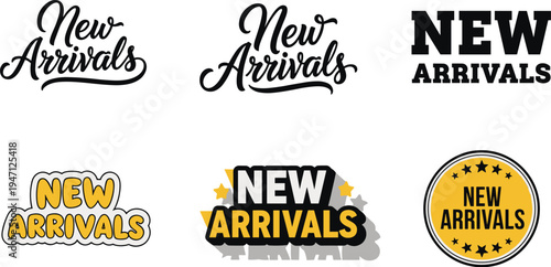 New arrivals typography badge set, bold lettering, retro style, modern branding, layered shadow, circular badge, flat vector illustration