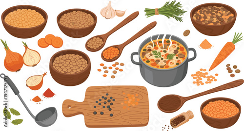 Lentil Soup Cooking Ingredients Vector Illustration Set with Vegetables, Spices, Kitchen Utensils, Bowls of Lentils and Homemade Food Preparation