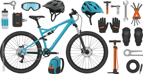 Mountain Bike Cycling Equipment Collection with Helmet Gloves Pump Tools Backpack Water Bottle and Protective Gear Vector Illustration Set