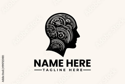 Black and white illustration of a human head with intricate patterns inside, against a clean background, with a placeholder text for a logo or brand name in a modern design style.