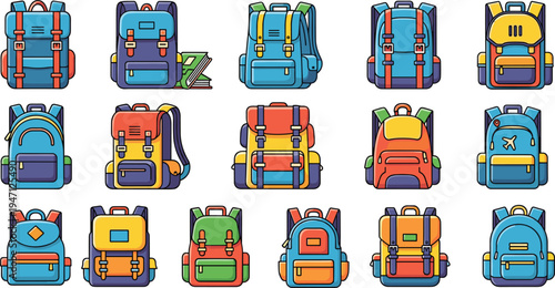 Colorful school backpack vector collection with modern student bags travel backpacks and education accessories illustration set