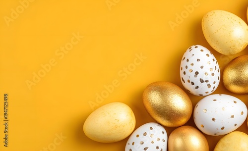 Elegant golden and white speckled easter eggs beautifully arranged on a bright yellow background creating a festive and cheerful spring celebration di