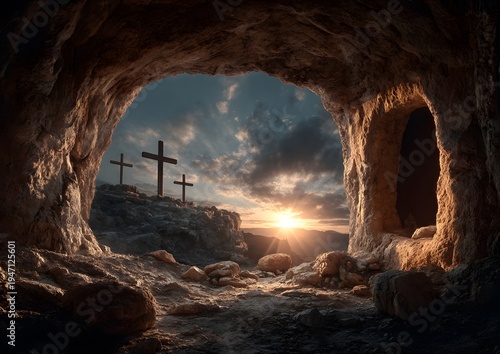 A deeply symbolic easter landscape showing three wooden crosses on a rocky hill outside a dark cave entrance illuminated by a glorious sunset