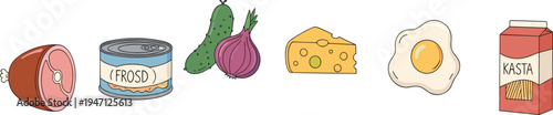 Food Ingredient Icon Set Featuring Ham, Canned Fish, Cucumber, Onion, Cheese, Fried Egg and Pasta Box Kitchen Vector Collection