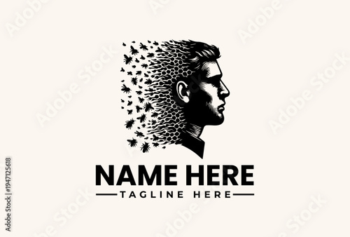 A black and white vector illustration of a man's head in profile with particles emerging from it, on a beige background with space for a logo and tagline.