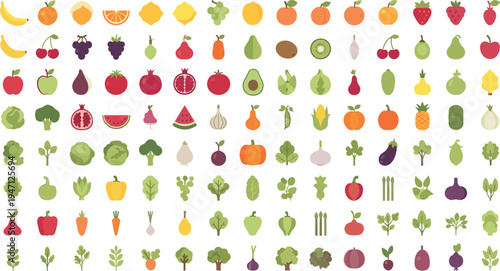 Large Fruits and Vegetables Icon Set Featuring Banana, Apple, Orange, Strawberry, Broccoli, Carrot and Leafy Greens Flat Vector Collection