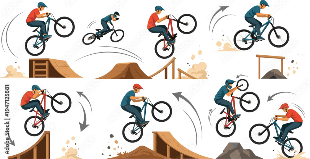 Fototapeta premium Mountain Bike Rider Performing BMX Stunts and Jumps on Ramps and Dirt Tracks Extreme Cycling Action Vector Illustration Set