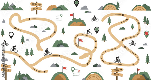 Mountain Bike Trail Map Vector Illustration with Cycling Routes, Direction Arrows, Location Pins, Forest Landscape and Outdoor Adventure Navigation Elements