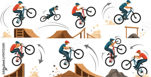 Mountain Bike Rider Performing BMX Stunts and Jumps on Ramps and Dirt Tracks Extreme Cycling Action Vector Illustration Set
