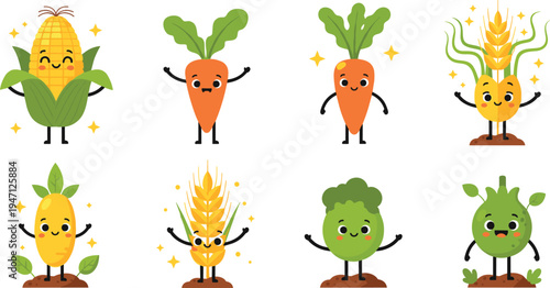 Cute vegetable and crop characters set with corn, carrot, wheat, broccoli and peas cartoon vector illustration
