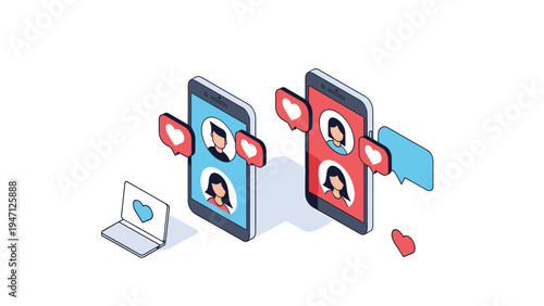 Isometric concept of online dating applications showing profiles of men and women on mobile smartphone screens.