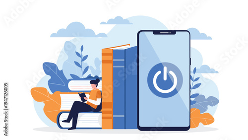 Digital detox and e learning concept with a woman reading a book next to a power off symbol on a large smartphone.