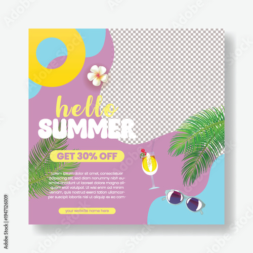 Editable Summer Sale Social Media Post Banner Template, Tropical Beach Party and Pool Party Flyer Poster Design, Summer Vacation Promotion, Website Ads, Holiday Travel, Summer Background Elements