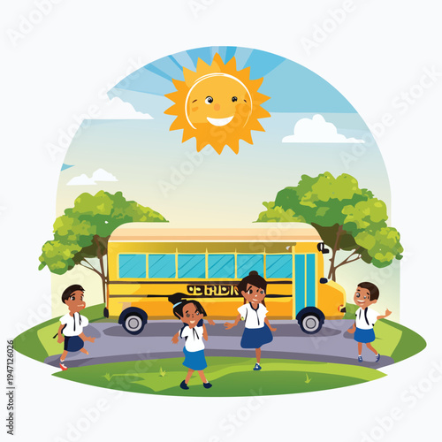 Children play near school bus sunny day happy return school illustration