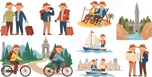 Senior Couple Travel Adventure Vector Set Featuring Elderly Tourists Hiking, Cycling, Sailing, Sightseeing and Exploring City Landmarks on Vacation