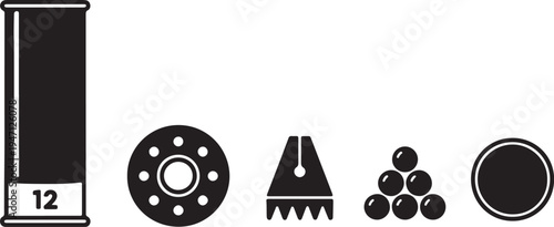 Black and white of a 12 gauge shotgun shell a spiked washer a saw blade edge a pile of pellets and a circular target also transparent background