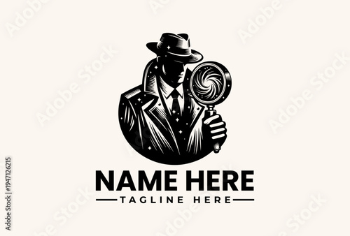 A detective in a suit and hat holds a magnifying glass in a black and white illustration with a logo and tagline on a beige background.