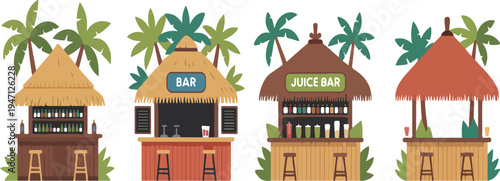 Colorful tropical style beach bars and juice stands illustration featuring playful summer vibes cocktails fruit drinks and seaside fun