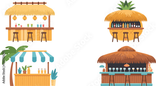 Colorful tropical-style beach bars and juice stands illustration with playful summer vibes, fresh fruit drinks, and seaside relaxation vector art