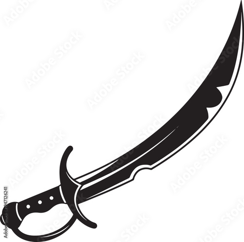 Black curved scimitar sword with ornate hilt and scalloped blade edge on a white background also transparent background