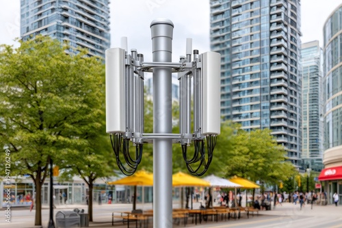 5g small cell antenna on pole in urban city