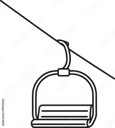 Black and white line of a single ski lift chair suspended from a diagonal cable also transparent background