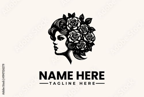 Obraz na płótnie A black and white vector illustration of a woman's face with flowers in her hair, forming a logo with a placeholder name and tagline on a beige background